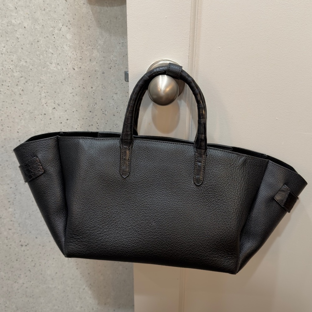 Nancy Gonzalez Black Pebbled Leather Tote Crocodile Trim Top Handle Bag